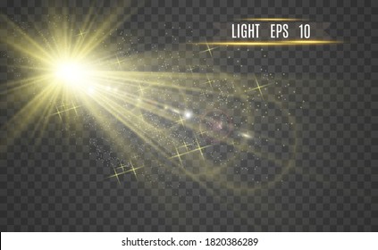 Special lens flash, light effect. The flash flashes rays and searchlight. illust.White glowing light. Beautiful star Light from the rays. The sun is backlit. Bright beautiful star. Sunlight. Glare.