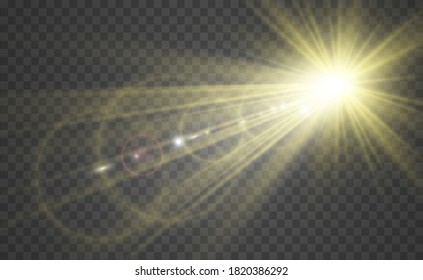 Special lens flash, light effect. The flash flashes rays and searchlight. illust.White glowing light. Beautiful star Light from the rays. The sun is backlit. Bright beautiful star. Sunlight. Glare.