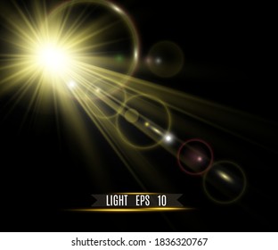 	
Special lens flash, light effect. The flash flashes rays and searchlight. White glowing light. Beautiful star Light from the rays. The sun is back-lit. Bright beautiful star. Sunlight. Glare.	
