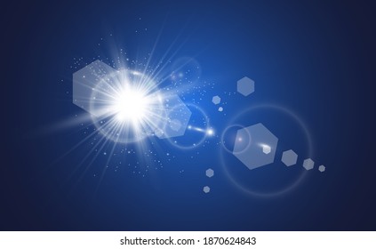 flash especial de lente, efecto de luz. El flash parpadea los rayos y la luz reflectante. Lámpara. Luz blanca brillante. Hermosa estrella Luz de los rayos. El sol está retroiluminado. Hermosa estrella brillante. Luz solar. Glare.