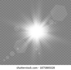 Spezielles Objektiv Blitz, Lichteffekt. Der Blitz blinkt Strahlen und Suchlicht. illust.Weiß leuchtendes Licht. Schöner Stern Licht von den Strahlen. Die Sonne ist heller. Heller schöner Stern. Sonnenlicht. Schön.	