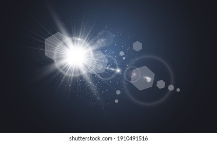 flash especial de lente, efecto de luz. El flash parpadea los rayos y la luz reflectante. Lámpara. Luz blanca brillante. Hermosa estrella Luz de los rayos. El sol está retroiluminado. Hermosa estrella brillante. Luz solar. Glare.	