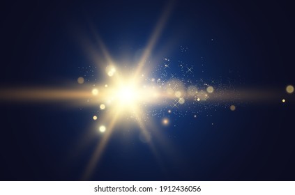 Special lens flash, light effect. The flash flashes rays and searchlight. illust.White glowing light. Beautiful star Light from the rays. The sun is backlit. Bright beautiful star. Sunlight. Glare.