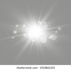 Special lens flash, light effect. The flash flashes rays and searchlight. illust.White glowing light. Beautiful star Light from the rays. The sun is backlit. Bright beautiful star. Sunlight. Glare.