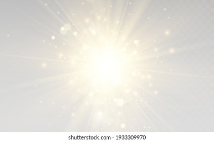 Special lens flash, light effect. The flash flashes rays and searchlight. illust.White glowing light. Beautiful star Light from the rays. The sun is backlit. Bright beautiful star. Sunlight. Glare.