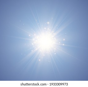 Special lens flash, light effect. The flash flashes rays and searchlight. illust.White glowing light. Beautiful star Light from the rays. The sun is backlit. Bright beautiful star. Sunlight. Glare.