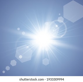 Special lens flash, light effect. The flash flashes rays and searchlight. illust.White glowing light. Beautiful star Light from the rays. The sun is backlit. Bright beautiful star. Sunlight. Glare.