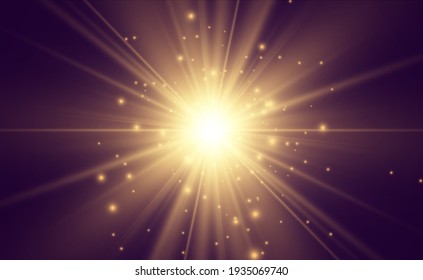 Special lens flash, light effect. The flash flashes rays and searchlight. illust.White glowing light. Beautiful star Light from the rays. The sun is backlit. Bright beautiful star. Sunlight. Glare.	