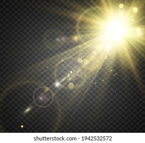 Special lens flash, light effect. The flash flashes rays and searchlight. illust.White glowing light. Beautiful star Light from the rays. The sun is backlit. Bright beautiful star. Sunlight. Glare.	