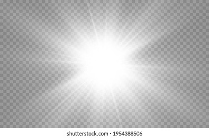 Special lens flash, light effect. The flash flashes rays and searchlight. illust.White glowing light. Beautiful star Light from the rays. The sun is backlit. Bright beautiful star. Sunlight. Glare.	