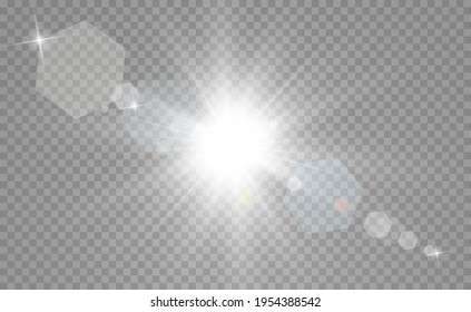 Special lens flash, light effect. The flash flashes rays and searchlight. illust.White glowing light. Beautiful star Light from the rays. The sun is backlit. Bright beautiful star. Sunlight. Glare.	