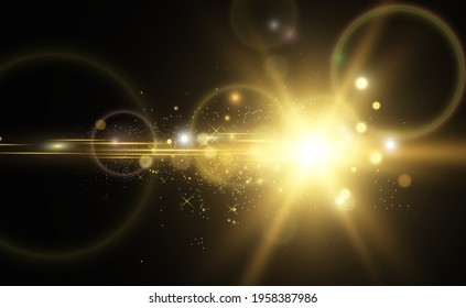 Special lens flash, light effect. The flash flashes rays and searchlight. illust.White glowing light. Beautiful star Light from the rays. The sun is backlit. Bright beautiful star. Sunlight. Glare.	