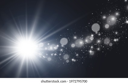 Special lens flash, light effect. The flash flashes rays and searchlight. illust.White glowing light. Beautiful star Light from the rays. The sun is backlit. Bright beautiful star. Sunlight. Glare.
