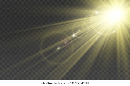 Special lens flash, light effect. The flash flashes rays and searchlight. illust.White glowing light. Beautiful star Light from the rays. The sun is backlit. Bright beautiful star. Sunlight. Glare.	