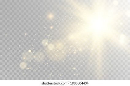 Special lens flash, light effect. The flash flashes rays and searchlight. illust.White glowing light. Beautiful star Light from the rays. The sun is backlit. Bright beautiful star. Sunlight. Glare.