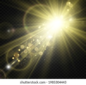 Special lens flash, light effect. The flash flashes rays and searchlight. illust.White glowing light. Beautiful star Light from the rays. The sun is backlit. Bright beautiful star. Sunlight. Glare.