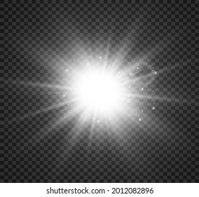 Special lens flash, light effect. The flash flashes rays and searchlight. illust.White glowing light. Beautiful star Light from the rays. The sun is backlit. Bright beautiful star. Sunlight. Glare.	