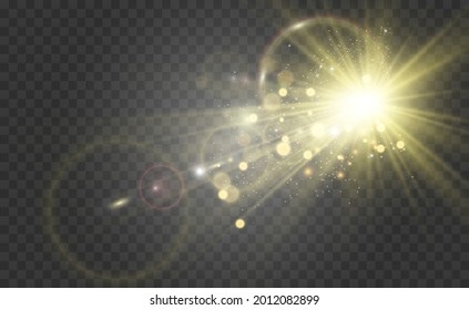 Special lens flash, light effect. The flash flashes rays and searchlight. illust.White glowing light. Beautiful star Light from the rays. The sun is backlit. Bright beautiful star. Sunlight. Glare.	