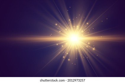 Special lens flash, light effect. The flash flashes rays and searchlight. illust.White glowing light. Beautiful star Light from the rays. The sun is backlit. Bright beautiful star. Sunlight. Glare.	