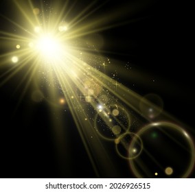 Special lens flash, light effect. The flash flashes rays and searchlight. illust.White glowing light. Beautiful star Light from the rays. The sun is backlit. Bright beautiful star. Sunlight. Glare.