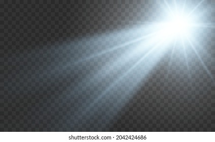 Special lens flash, light effect. The flash flashes rays and searchlight. illust.White glowing light. Beautiful star Light from the rays. The sun is backlit. Bright beautiful star. Sunlight. Glare.