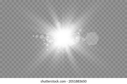 Special lens flash, light effect. The flash flashes rays and searchlight. illust.White glowing light. Beautiful star Light from the rays. The sun is backlit. Bright beautiful star. Sunlight. Glare.	