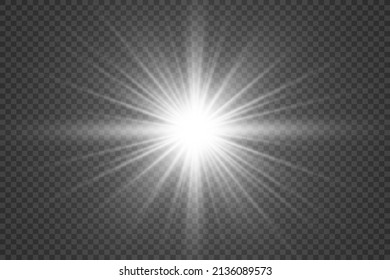 Special lens flash, light effect. The flash flashes rays and searchlight. illust.White glowing light. Beautiful star Light from the rays. The sun is backlit. Bright beautiful star. Sunlight. Glare.