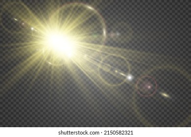 Special lens flash, light effect. The flash flashes rays and searchlight. illust.White glowing light. Beautiful star Light from the rays. The sun is backlit. Bright beautiful star. Sunlight. Glare.