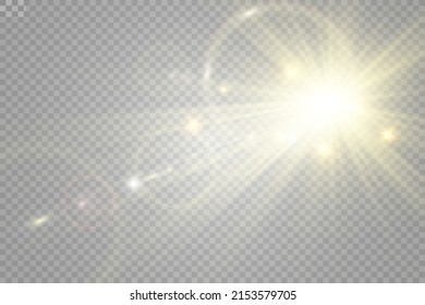 Special lens flash, light effect. The flash flashes rays and searchlight. illust.White glowing light. Beautiful star Light from the rays. The sun is backlit. Bright beautiful star. Sunlight. Glare.	