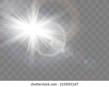 Special lens flash, light effect. The flash flashes rays and searchlight. illust.White glowing light. Beautiful star Light from the rays. The sun is backlit. Bright beautiful star. Sunlight. Glare.