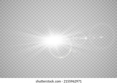 Special lens flash, light effect. The flash flashes rays and searchlight. illust.White glowing light. Beautiful star Light from the rays. The sun is backlit. Bright beautiful star. Sunlight. Glare.	