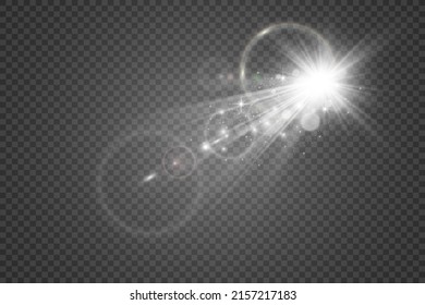 	
Special lens flash, light effect. The flash flashes rays and searchlight. illust.White glowing light. Beautiful star Light from the rays. The sun is backlit. Bright beautiful star. Sunlight. Glare.