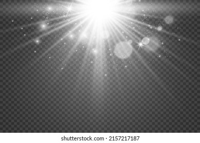 	
Special lens flash, light effect. The flash flashes rays and searchlight. illust.White glowing light. Beautiful star Light from the rays. The sun is backlit. Bright beautiful star. Sunlight. Glare.