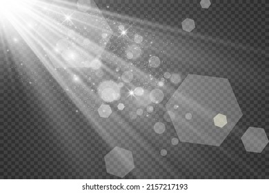 	
Special lens flash, light effect. The flash flashes rays and searchlight. illust.White glowing light. Beautiful star Light from the rays. The sun is backlit. Bright beautiful star. Sunlight. Glare.