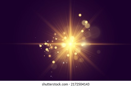 Special lens flash, light effect. The flash flashes rays and searchlight. illust.White glowing light. Beautiful star Light from the rays. The sun is backlit. Bright beautiful star. Sunlight. Glare.
