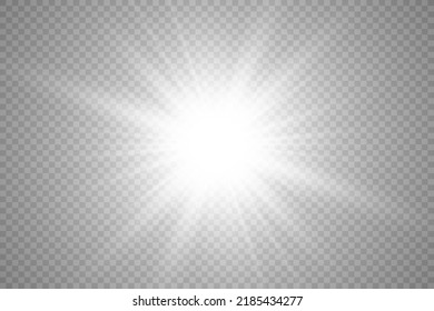 Special lens flash, light effect. The flash flashes rays and searchlight. illust.White glowing light. Beautiful star Light from the rays. The sun is backlit. Bright beautiful star. Sunlight. Glare.	