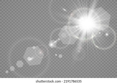 Special lens flash, light effect. The flash flashes rays and searchlight. illust.White glowing light. Beautiful star Light from the rays. The sun is backlit. Bright beautiful star. Sunlight. Glare.