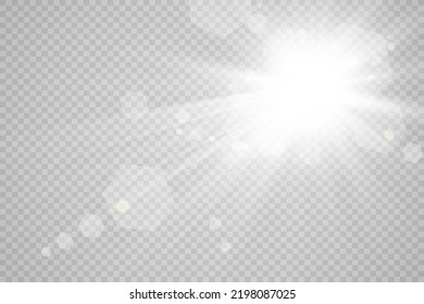 Special lens flash, light effect. The flash flashes rays and searchlight. illust.White glowing light. Beautiful star Light from the rays. The sun is backlit. Bright beautiful star. Sunlight. Glare.
