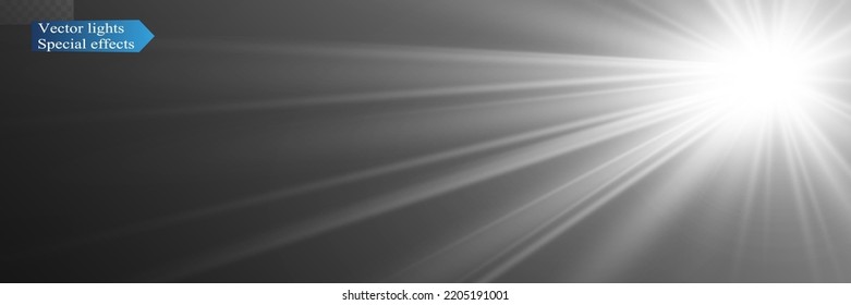 Special lens flash, light effect. The flash flashes rays and searchlight. illust.White glowing light. Beautiful star Light from the rays. The sun is backlit. Bright beautiful star. Sunlight. Glare.	