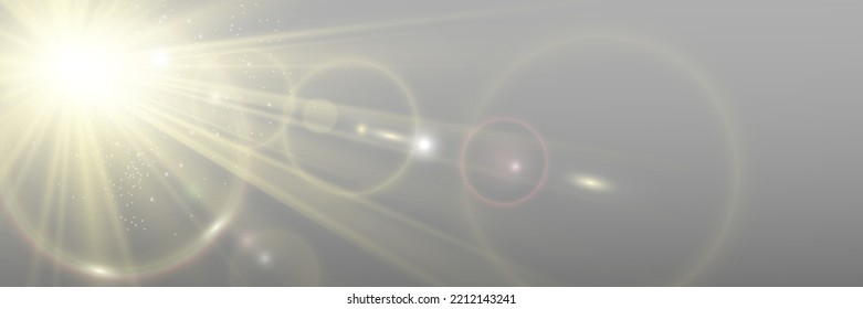 Special lens flash, light effect. The flash flashes rays and searchlight. illust.White glowing light. Beautiful star Light from the rays. The sun is backlit. Bright beautiful star. Sunlight. Glare.	