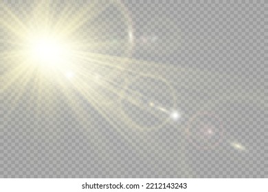 Special lens flash, light effect. The flash flashes rays and searchlight. illust.White glowing light. Beautiful star Light from the rays. The sun is backlit. Bright beautiful star. Sunlight. Glare.	
