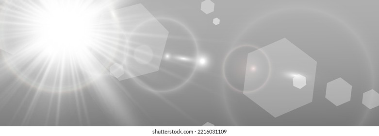 Special lens flash, light effect. The flash flashes rays and searchlight. illust.White glowing light. Beautiful star Light from the rays. The sun is backlit. Bright beautiful star. Sunlight. Glare.