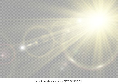 Special lens flash, light effect. The flash flashes rays and searchlight. illust.White glowing light. Beautiful star Light from the rays. The sun is backlit. Bright beautiful star. Sunlight. Glare.