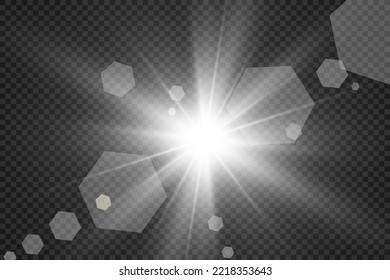 Special lens flash, light effect. The flash flashes rays and searchlight. illust.White glowing light. Beautiful star Light from the rays. The sun is backlit. Bright beautiful star. Sunlight. Glare.	
