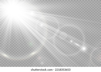 Special lens flash, light effect. The flash flashes rays and searchlight. illust.White glowing light. Beautiful star Light from the rays. The sun is backlit. Bright beautiful star. Sunlight. Glare.	
