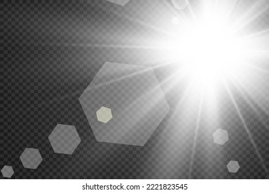	
Special lens flash, light effect. The flash flashes rays and searchlight. illust.White glowing light. Beautiful star Light from the rays. The sun is backlit. Bright beautiful star. Sunlight. Glare.
