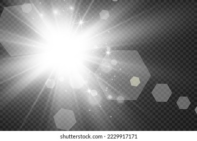 Special lens flash, light effect. The flash flashes rays and searchlight. illust.White glowing light. Beautiful star Light from the rays. The sun is backlit. Bright beautiful star. Sunlight. Glare.	