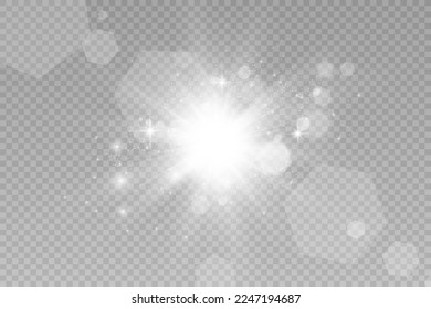 Special lens flash, light effect. The flash flashes rays and searchlight. illust.White glowing light. Beautiful star Light from the rays. The sun is backlit. Bright beautiful star. Sunlight. Glare.