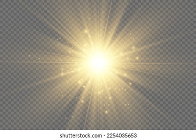 Special lens flash, light effect. The flash flashes rays and searchlight. illust.White glowing light. Beautiful star Light from the rays. The sun is backlit. Bright beautiful star. Sunlight. Glare.	