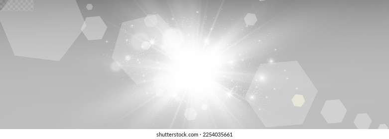 Special lens flash, light effect. The flash flashes rays and searchlight. illust.White glowing light. Beautiful star Light from the rays. The sun is backlit. Bright beautiful star. Sunlight. Glare.	
